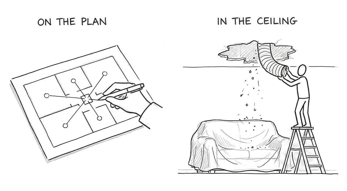 Hand-drawn sketch: on the left a hand draws neat duct lines from a central box to each room on a house plan; on the right a tradesperson on a ladder pushes a flexible duct through a ragged hole in a finished ceiling while plaster dust falls on a covered sofa.