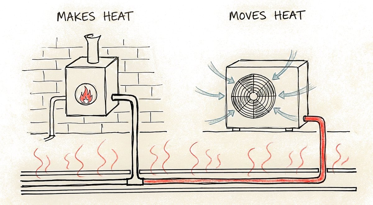 Hand-drawn sketch: on the left a small boiler on a brick wall with a flame inside, labelled makes heat; on the right an outdoor heat pump drawing in outside air, labelled moves heat; both send warmth into the same floor.