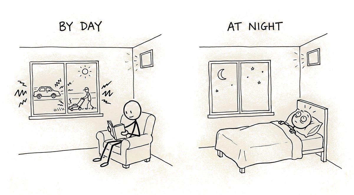 Hand-drawn sketch of the same small wall vent making the same faint sound twice: by day a person reads in an armchair while a car and a lawn mower pass outside, not noticing it; at night in a silent bedroom a person lies wide awake looking at it.