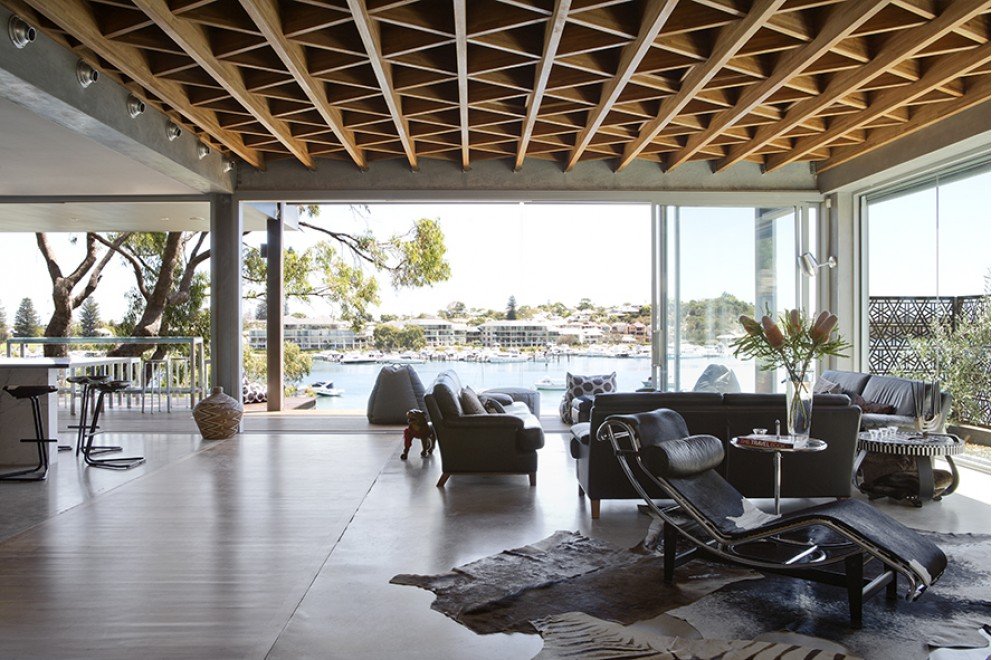 Contemporary living area with marina view and polished concrete floor, East Fremantle hydronic floor heating