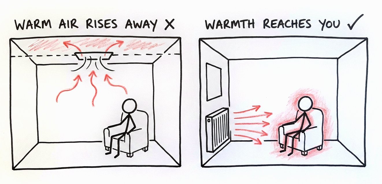Hand-drawn sketch: warm air from a ducted vent rises away from the person in the armchair; a radiator on the wall sends its warmth straight to them.