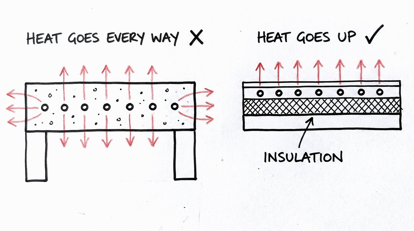 Hand-drawn sketch comparing a thick heated slab that leaks heat in every direction with a thin heated screed on insulation that sends the heat up into the room.