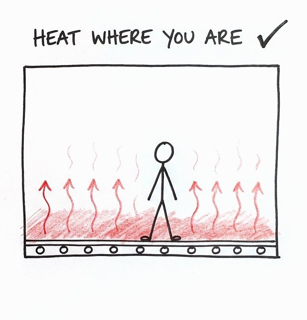 Hand-drawn sketch: with floor heating the warmth rises from the floor, around the person standing on it.