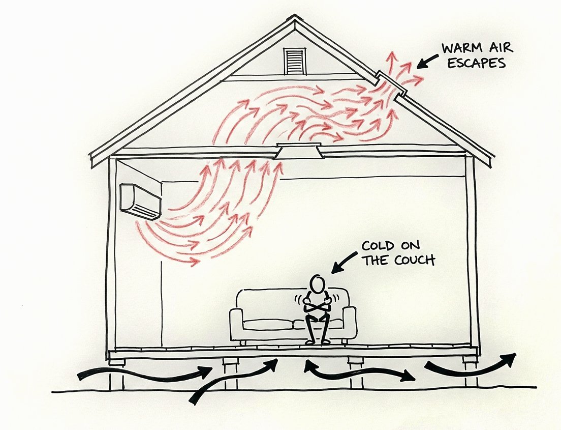 Hand-drawn sketch: in an old high-ceilinged house the aircon's warm air rises and escapes through the ceiling and roof vents, while the person on the couch stays cold and draughts run under the floor.