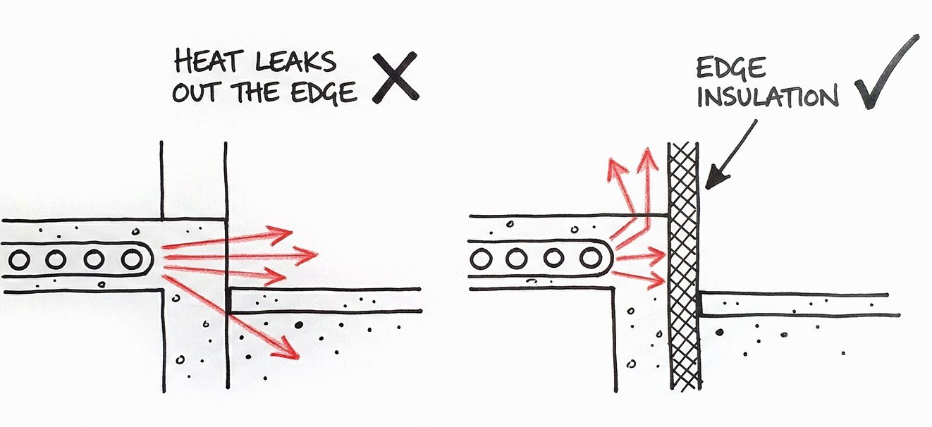 Hand-drawn section of a heated slab edge: without insulation the heat runs out sideways into the ground and paving, marked with a cross; with insulation down the slab edge it stays in, marked with a tick.