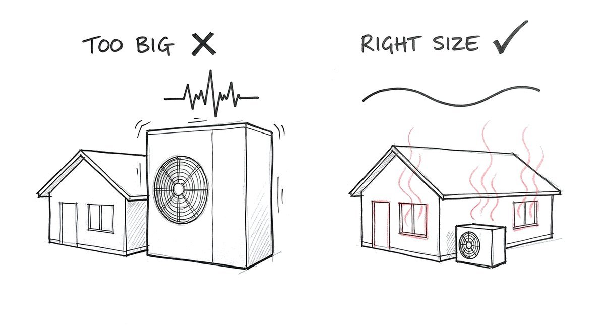 Hand-drawn sketch: on the left a heat pump far too big for its house, with a jagged on-off line above it; on the right a heat pump sized to the house, with a smooth, steady line, and the house warm.